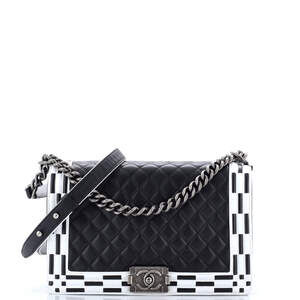 Chanel New Medium Checkerboard Trim Boy Flap Bag Quilted Calfskin